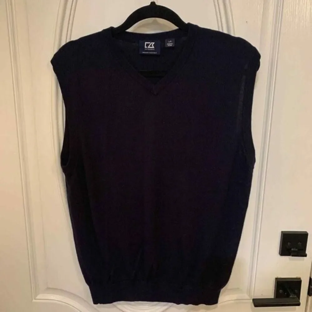 Cutter & Buck Sweater Vest Men's Large V Neck Merino Wool Blend‎ Navy Blue